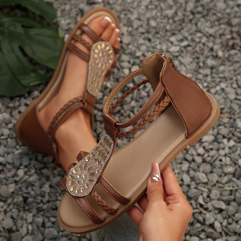 Fashion Ankle Strap Braided Roman Sandals for Women 2025 Summer Shiny Crystal Flat Sandals Woman Comfortable Soft Non Slip Beach Shoes
