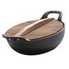 Cast Iron Wok Uncoated Anti Stick Dual Handle Stir Fry Pan with Wood Lid for Induction Cooktop