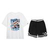 Letter Print Round Neck Short Sleeve T-Shirt Comfortable Striped Shorts Sports Suit Unisex Sportswear YHSU303-1+YAPV001-1