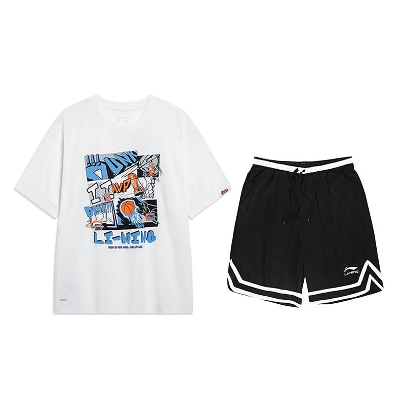 

Li-Ning Letter Print Round Neck Short Sleeve T-Shirt Comfortable Striped Shorts Sports Suit Unisex Sportswear YHSU303-1+YAPV001-1 M