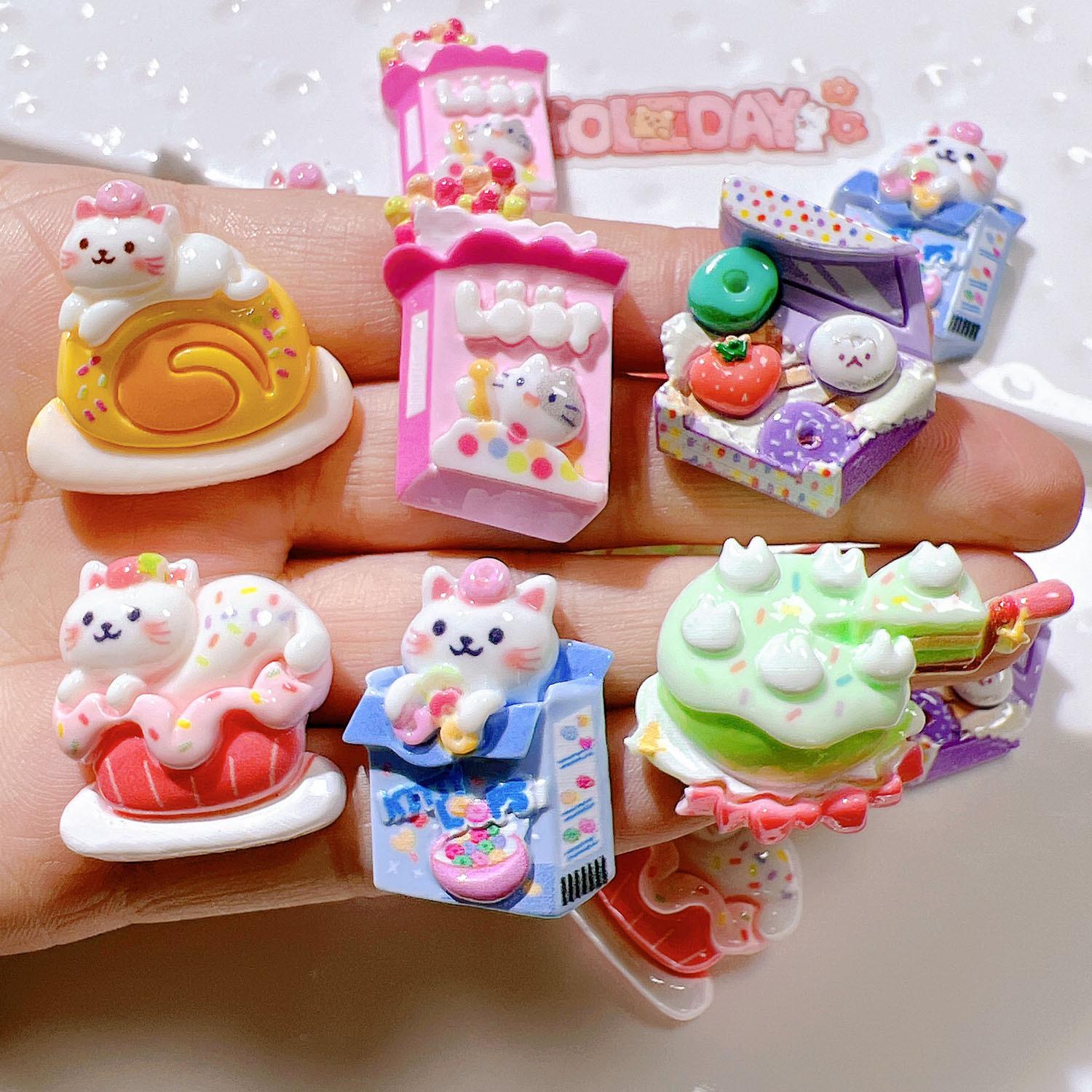 

10Pcs New Cute Cartoon Cake Cat Series Flat Back Ornament Jewelry Bows Accessories