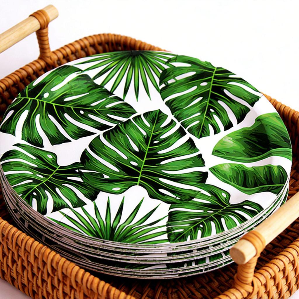 Tropical Hawaiian Leaves Party Set: Paper Plates, Cups, Napkins, and Tablecloth for Summer Theme Decor