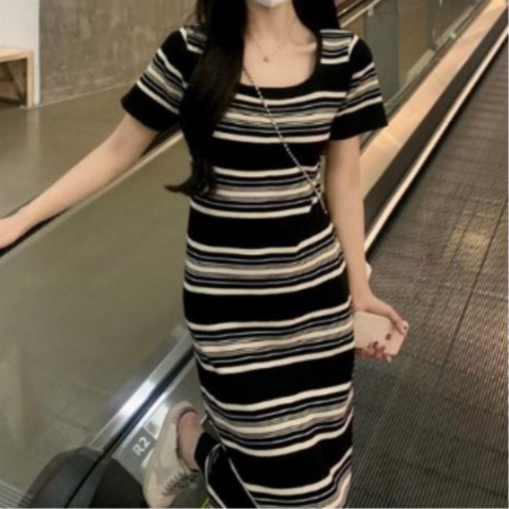 New Arrivals Open Run Women Color Block Square Neck Short Sleeve Long Dress