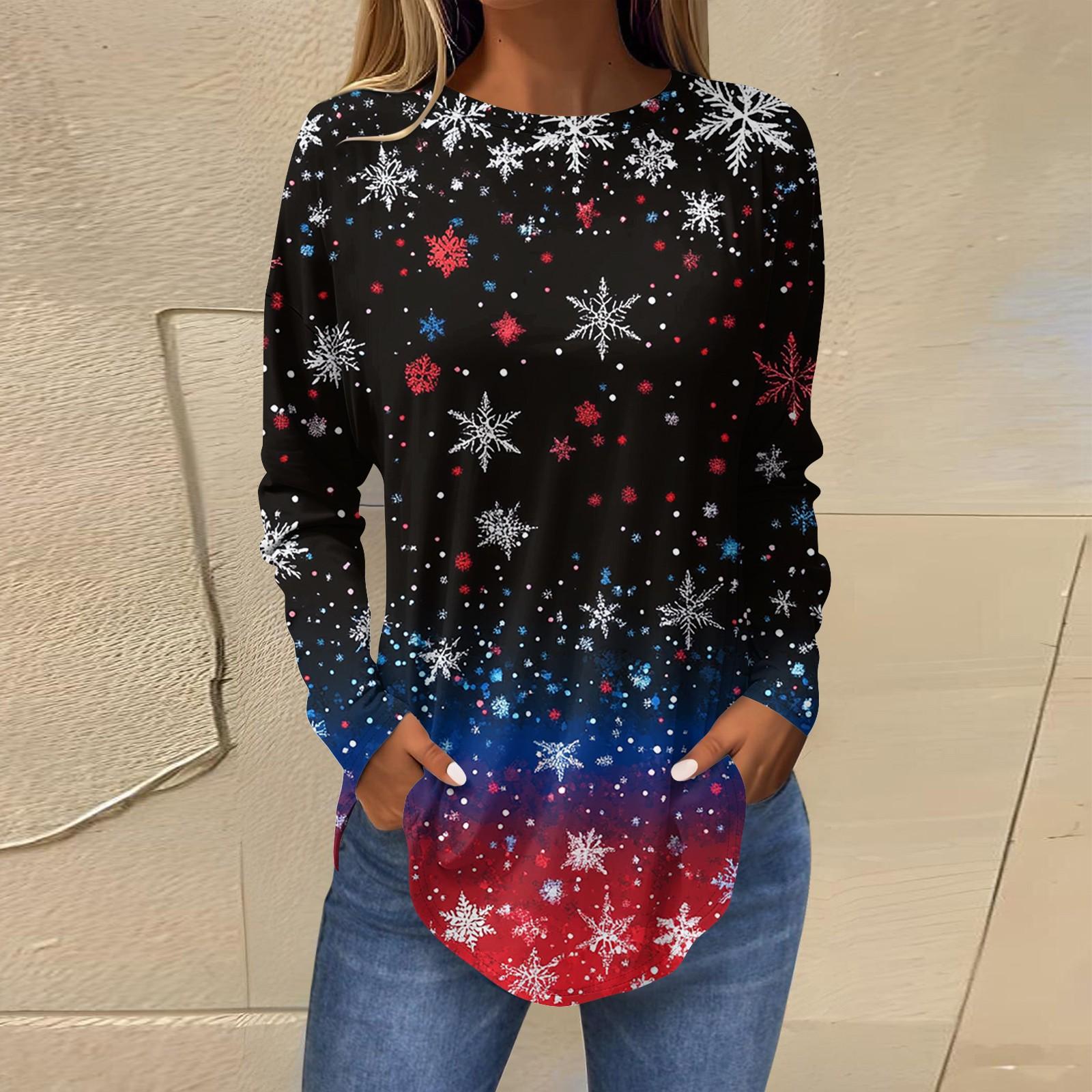 

Женская повседневная футболка больших размеров с длинными рукавами и круглым вырезом с рождественским принтом S синий