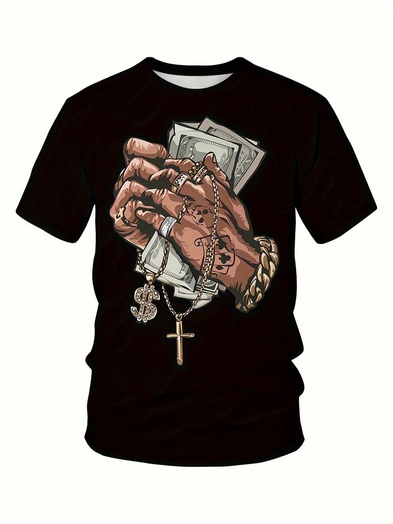"Praying For Money" Graphic Print Crew Neck Short Sleeve T-shirt For Men, Casual Summer T-Shirt For Daily Wear