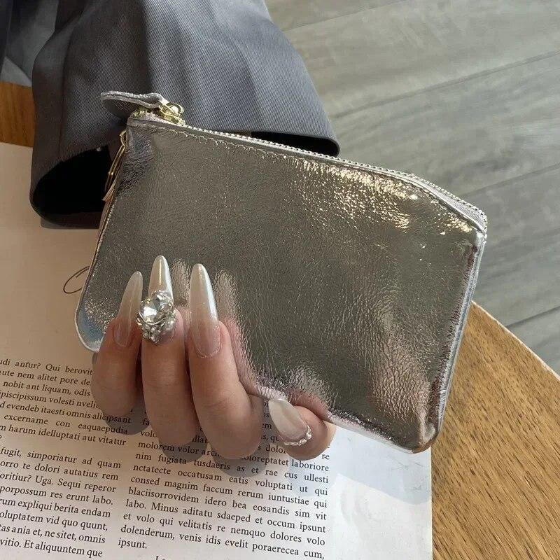 Fashion Genuine Leather Zipper Coin Purse Mini Cute Silver Wallet for Women Portable Key Card Coin Storage Bag Organizer Pouch