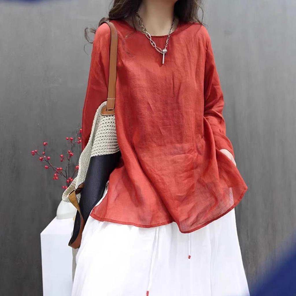 Women's Retro Cotton Linen Long Sleeve Mid-Length Chinese Style Lightweight Pullover Dress