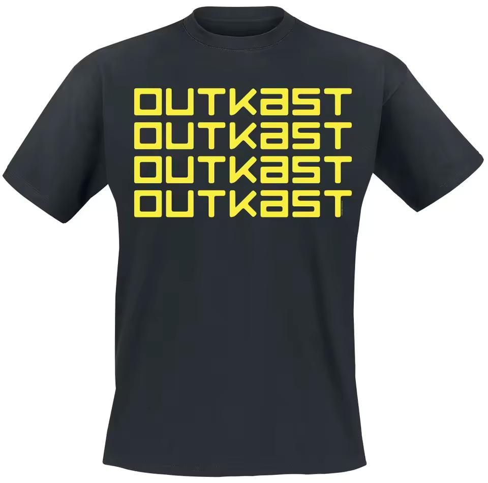 Outkast Repeated Text Logo Tee, Hip Hop T-Shirt with Bold Yellow Stacked Print & Group Name, Music Fan Merch