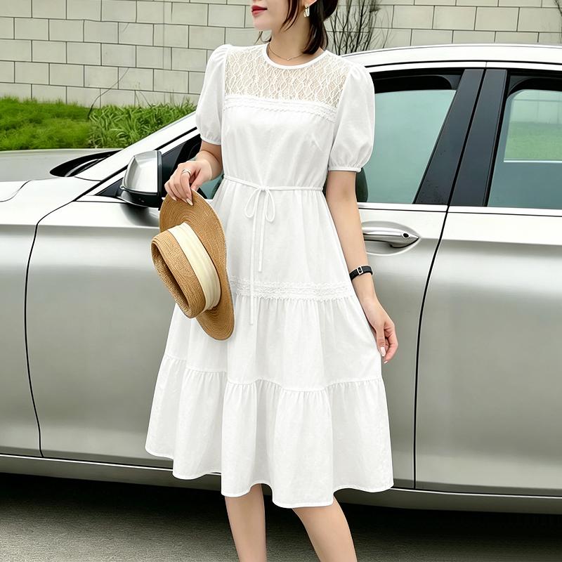 ZANZEA Womens Lace Patchwork Casual Round Neck Short Sleeve Elegant Dress M