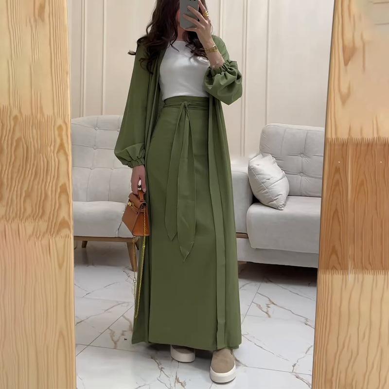 Women's Olive Green Lantern Sleeve Long Coat with High Waist Tie Belt Skirt Set