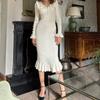 Vintage Women's Dress with Ruffle Edge Knitted Dress Autumn and Winter Wool Dress