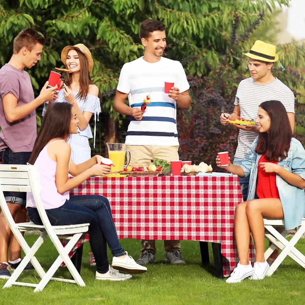 Gatherfun 3PCS Red White Gingham Rectangular Waterproof Tablecloth 54X108Inch Disposable Plastic Table Cover with Gold Stamping for Easter Picnic