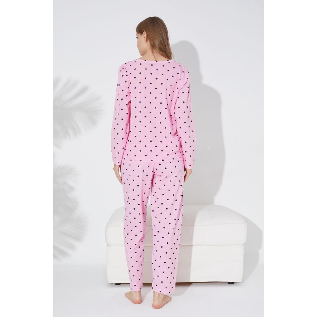 Pink Black Heart And Point Patterned Knitted Pajama Set 7792