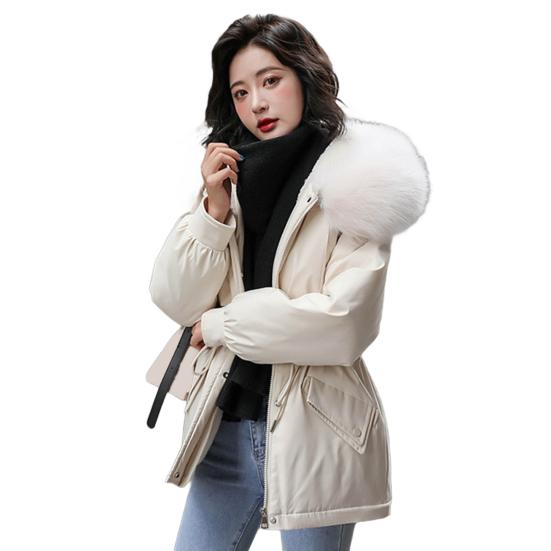 Women Padded Jacket Thickened Plush Lined Coat with Drawstring Waist Winter Warm Puffer