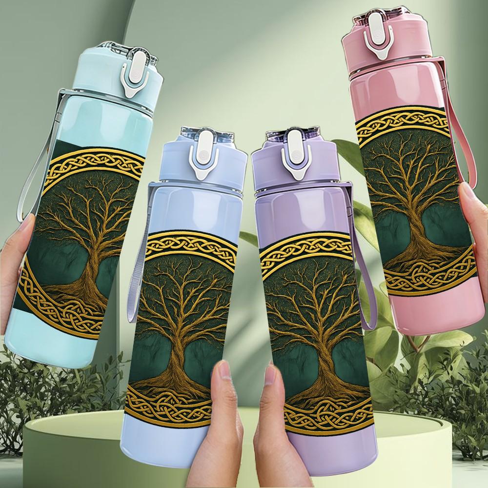 1PC Round Tree Of Life Ornament 750ml Color Plastic Sports Water Bottle Leakproof Flip Straw Lid For Sports Office Home Use