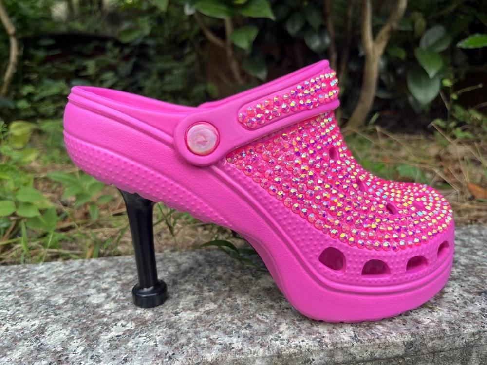 Fashion Designer High Heel Rhinestone Hollow Hole Hole Shoes Pearl Colored Diamond Fashionable Lazy Slippers Green Size 41 Women's Shoes