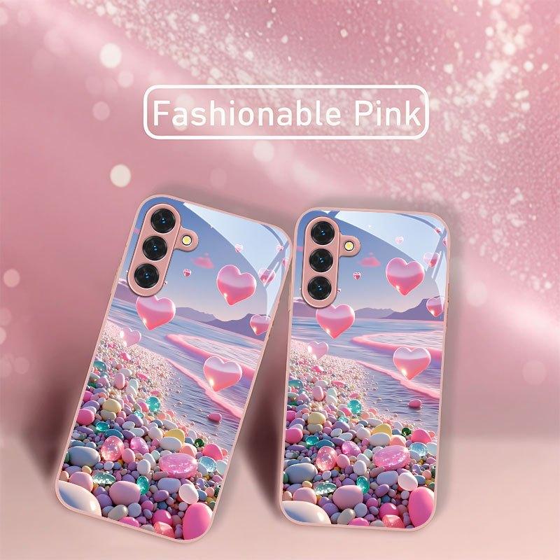 Pink heart-shaped candy beach pattern glass phone case suitable for Samsung Galaxy S26 S25 S24 S22 S21 S20 FE Ultra Plus