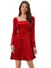 Allegra K Velvet Mini Dress, Christmas Party Dress, Star Print, Square Neck, Long Sleeves, Wine Red, Women's, Size L