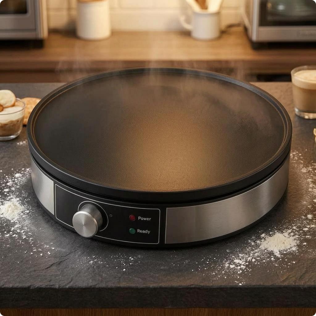 Electric Crepe Maker Adjustable Temperature Griddle Indicator Lights Round