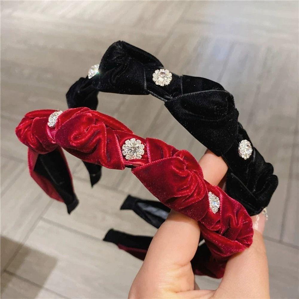 Wide Edged Crystal Bow Headband Solid Color Wide Edged Headband Fashion Bow Hair Hoop  Women Girls
