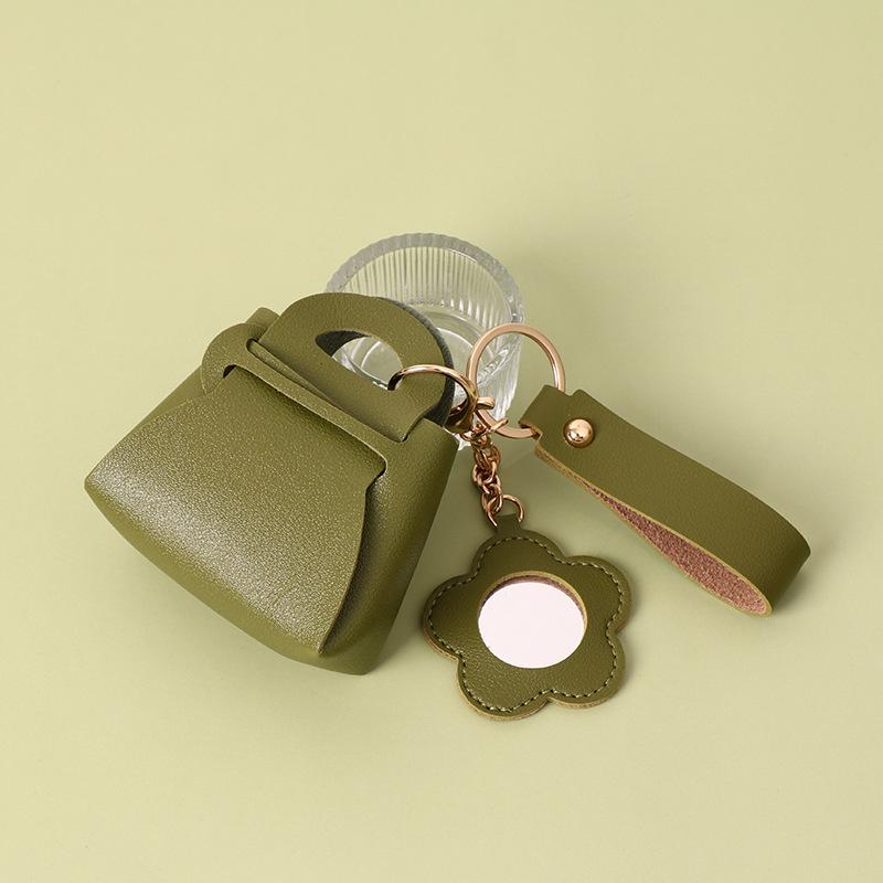 Korean Style Creative PU Leather Keychain: Mini Mirror, Storage Bag, Solid Color Wallet