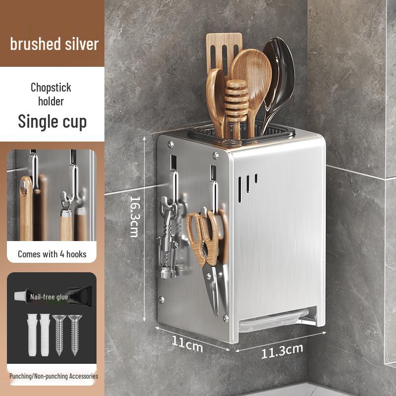 Stainless Steel Wall-Mounted Chopstick & Knife Holder with Drip Rack