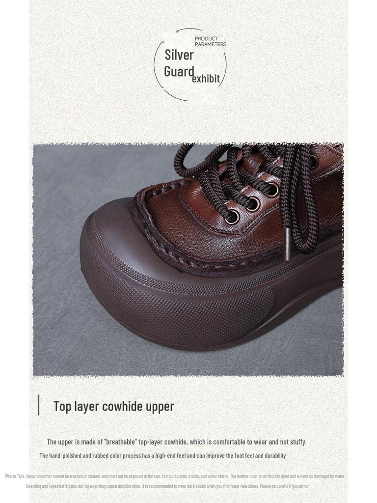 Damskor i retroplattform i läder - Äkta kohud, vardagliga enkelskor med tjock sula för våren 2025