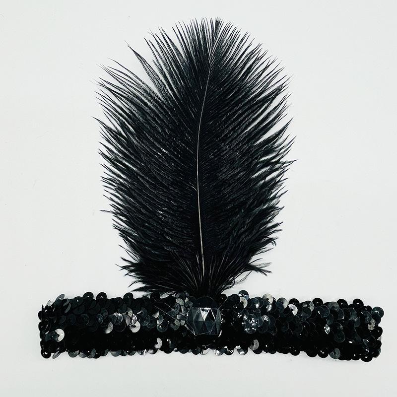 European and American Ostrich Feather Headband with Sequins and Rhinestones, Party and Performance Headpiece, Indian Ethnic Style Headband
