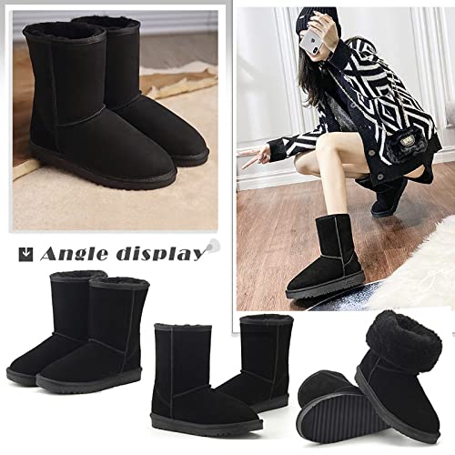 N Gaji Damen Lammfellstiefel, Echtes Rindsleder mit Schafwollfutter, Flauschige Wasserdichte und Rutschfeste Sohle, A22 (Schwarz, Größe 24.5)