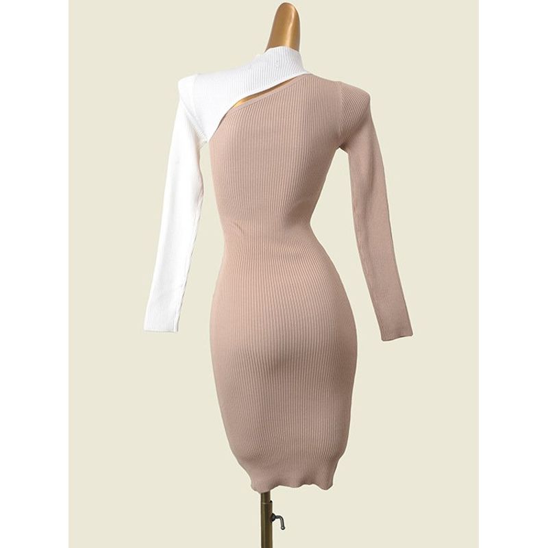 Temperamental Minority Export Dress American Stand Collar Color Matching Knitting Silm Bodycon Dress Spring New Arrival Oblique Cut Opening