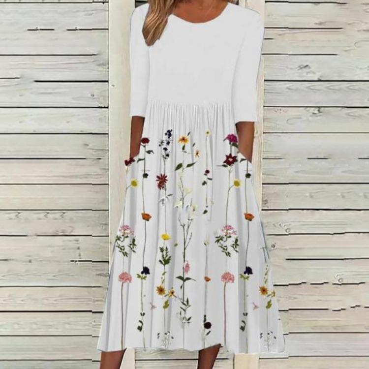 Women Floral Boho Summer Swing Dress Midi Length Flowy Pleated with Pockets Casual Crew Neck Half Sleeve