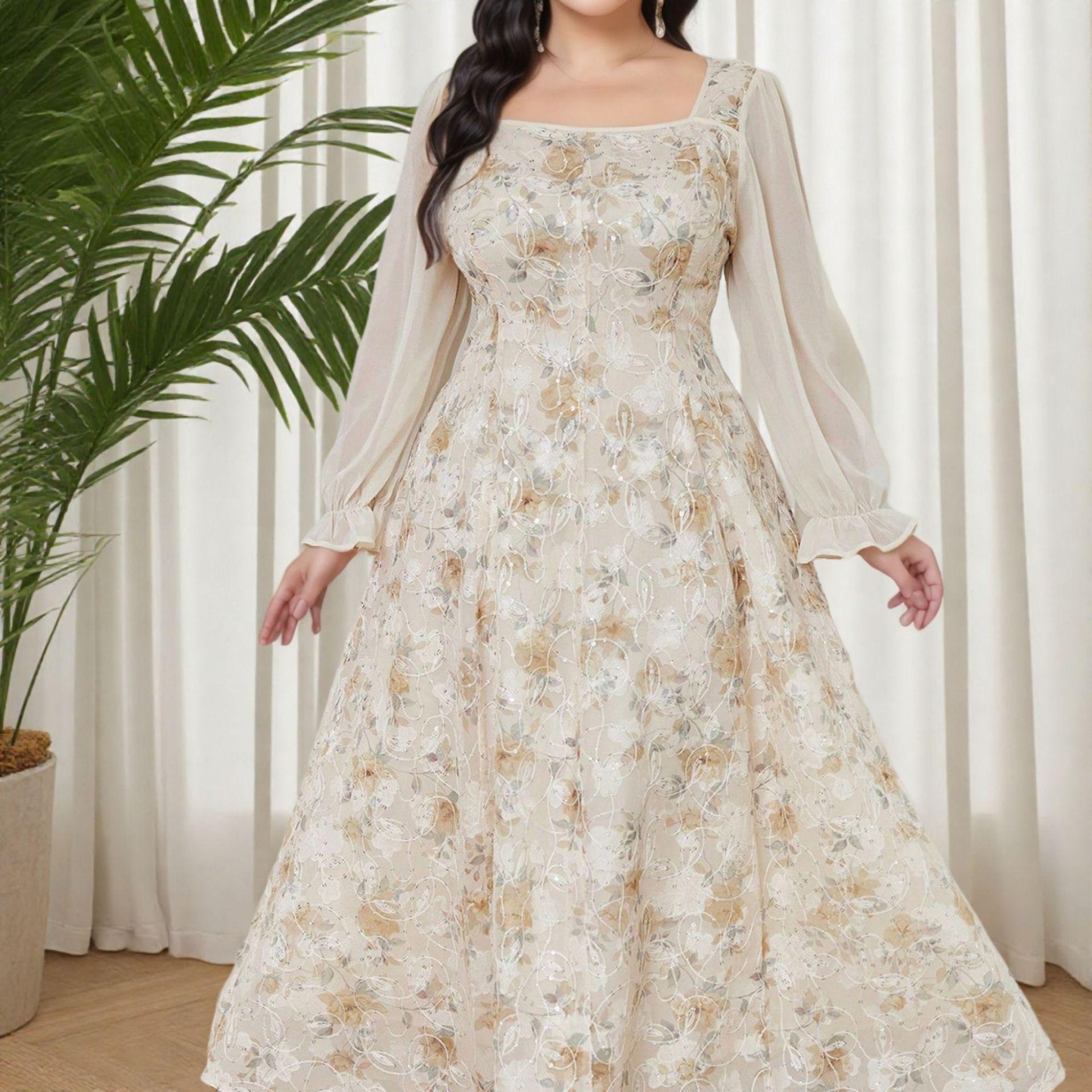 Women s Plus Size Long Sleeve Embroidered Muslim Dress with Square Neck 0XL жёлтый