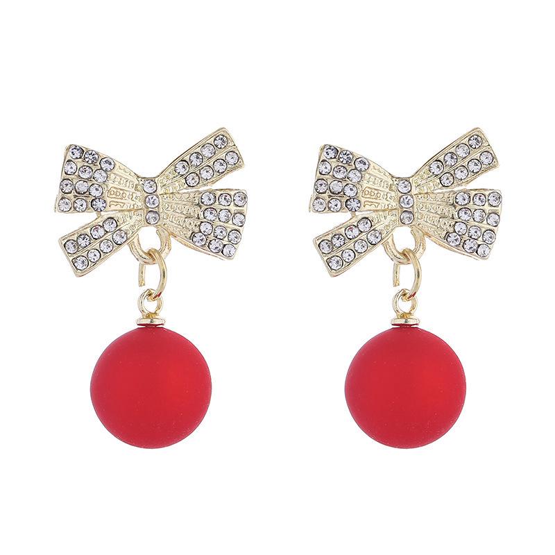 Elegant Red Faux Pearl & Diamond Bow Earrings for Women - Festive and Fashionable Holiday Accessories