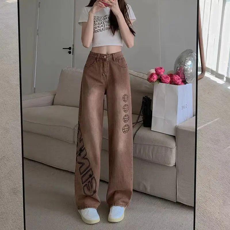 

Американские широкие джинсы для женщин. Новые тонкие и свободные брюки прямого кроя с высокой талией и шваброй для пола. Повседневные брюки. L коричневый