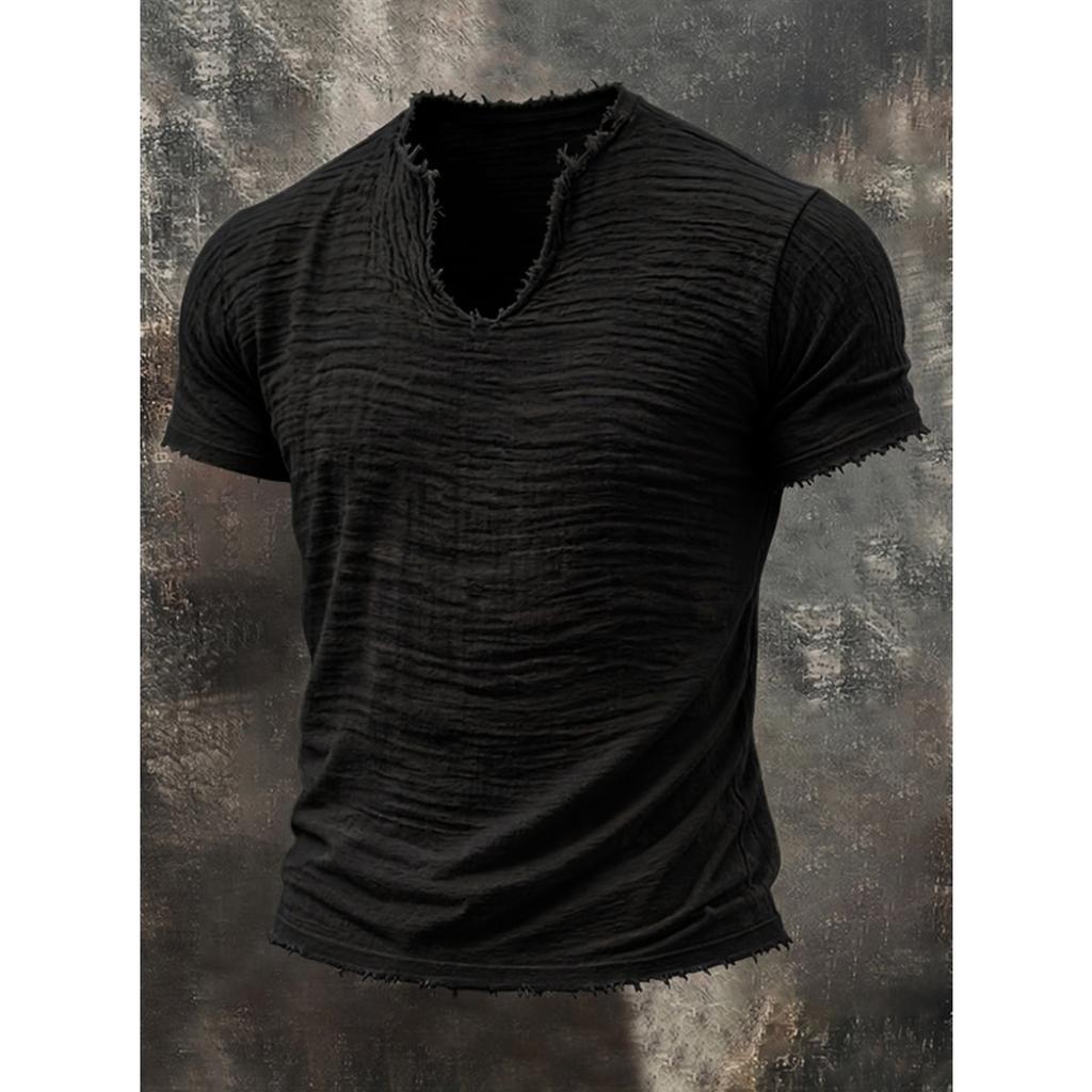 Summer, Solid Color, Men's T-shirt, Retro V-neck, Hairy Edge, Short Sleeve
