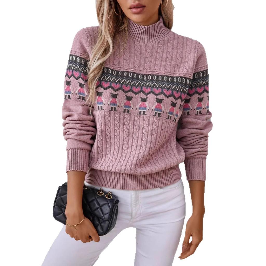 2025 Autumn/Winter Stand Collar Jacquard Long Sleeve Color Block Knit Pullover Sweater