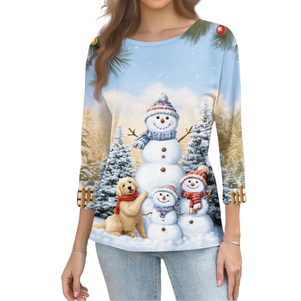 Women's Casual Christmas Print Three-Quarter Sleeve Neck Top
