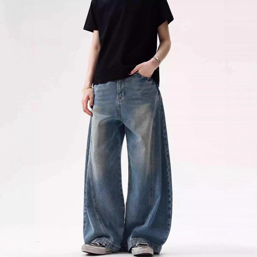American Style Sickle Jeans Men's Retro Scimitar Design Washed and Old Men's Large Size Trendy Wide-leg Loose Pants