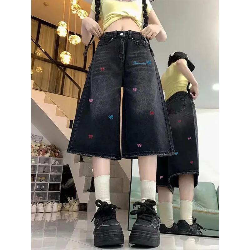 Women's Y2K Baggy Denim Capris with Bow Embroidery High Waist Wide Leg Jeans