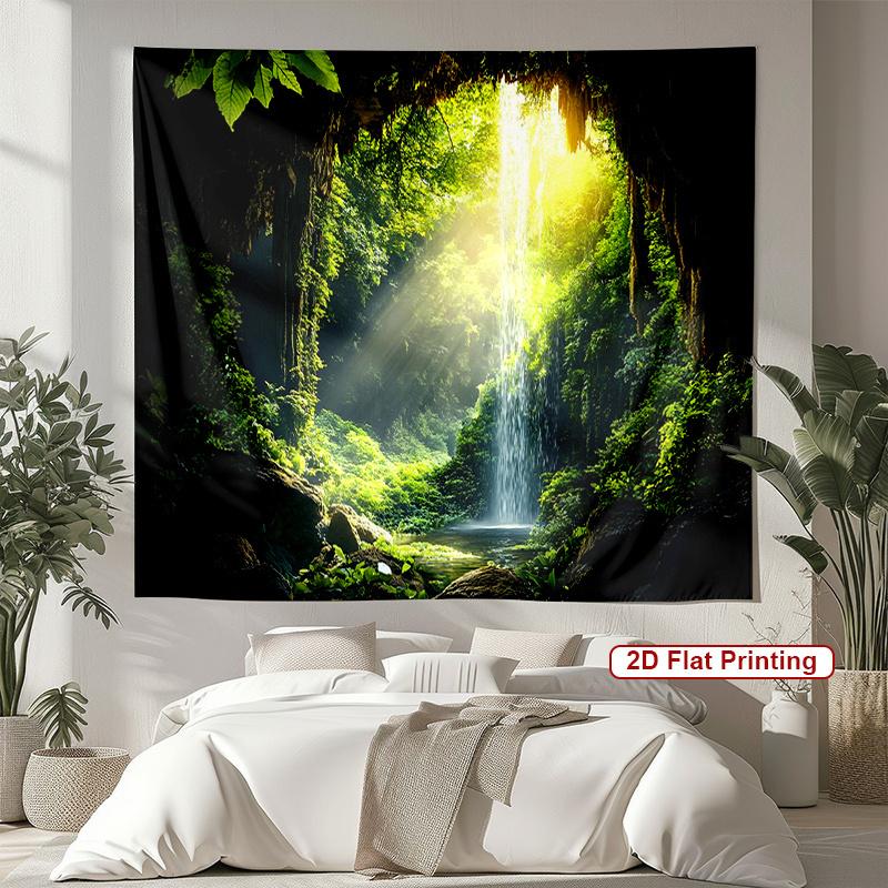 Dschungelwasserfall-Wandteppich Sonnenbeschienener Wald Üppiges Grün Naturkunst Polyester 5161 für Schlafzimmer oder Wohnheim