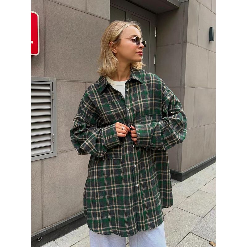 

Модный стиль Новинка Ретро Двойной карман Клетка Гингем Миди Длинный Длинный Свободная рубашка Свободная клетчатая рубашка Dark green S