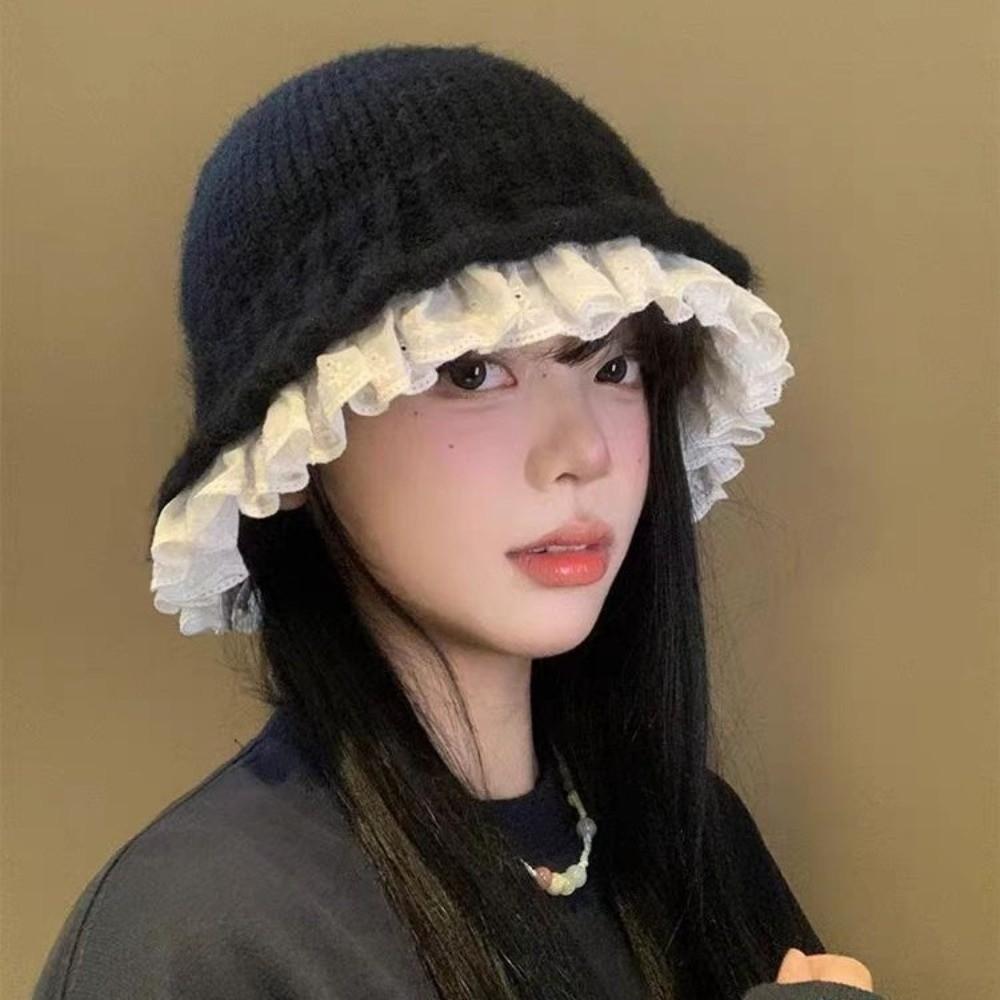 Solid Color Knitted Fisherman Hat Yarn Beanie Hat Sweet Women Bucket Hat  Women