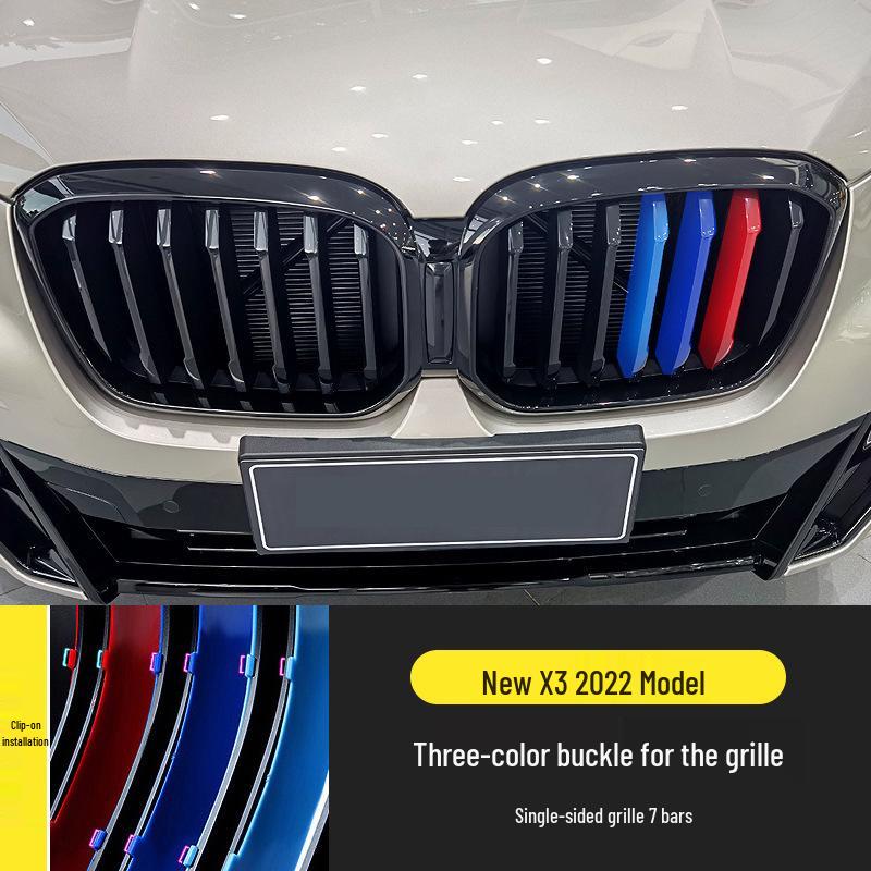 Paski do Grilla BMW: Seria 3, Seria 5, Seria 1, 3GT, X1, X3 - Trójkolorowa Naklejka z Klamrą do Modyfikacji Zewnętrznej