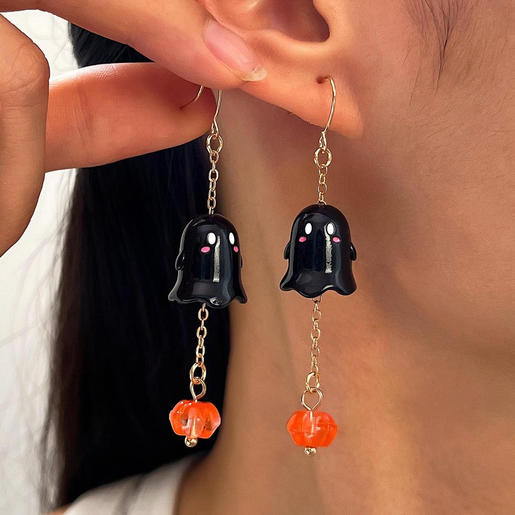 Halloween Cute Ghost & Pumpkin Long Earrings - Black & White Cartoon Devil Pendant Festival Jewelry for Women