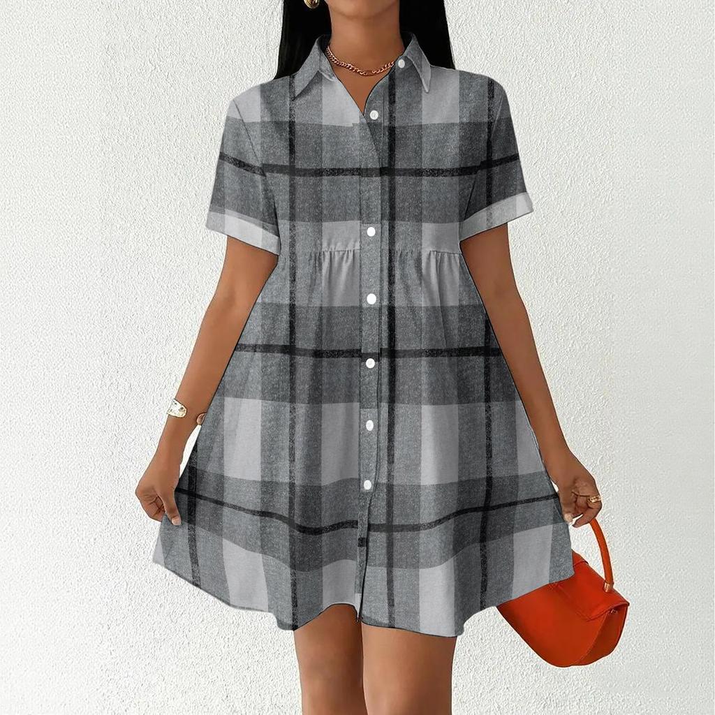Women Casual Loose Fit Shirt Dress Button Front Short Sleeve Collared Dress Lightweight Plaid Pattern Summer Dress