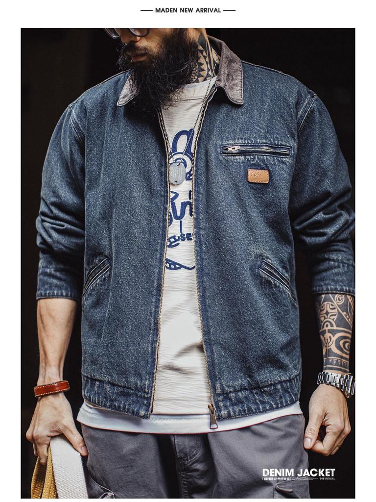 Men's American Retro Denim Detroit Jacket: Washed & Distressed Casual Lapel for Spring