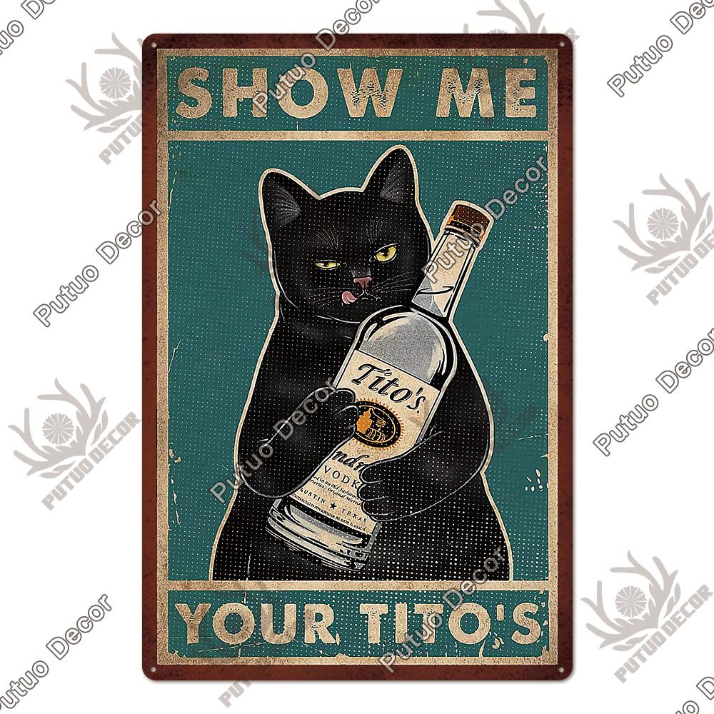 Putuo Decor Cute Black Cat Vintaget Plaque Metal Sign Vintage Tin Sign Poster Decoration for Living Room Barthroom Wall Decor