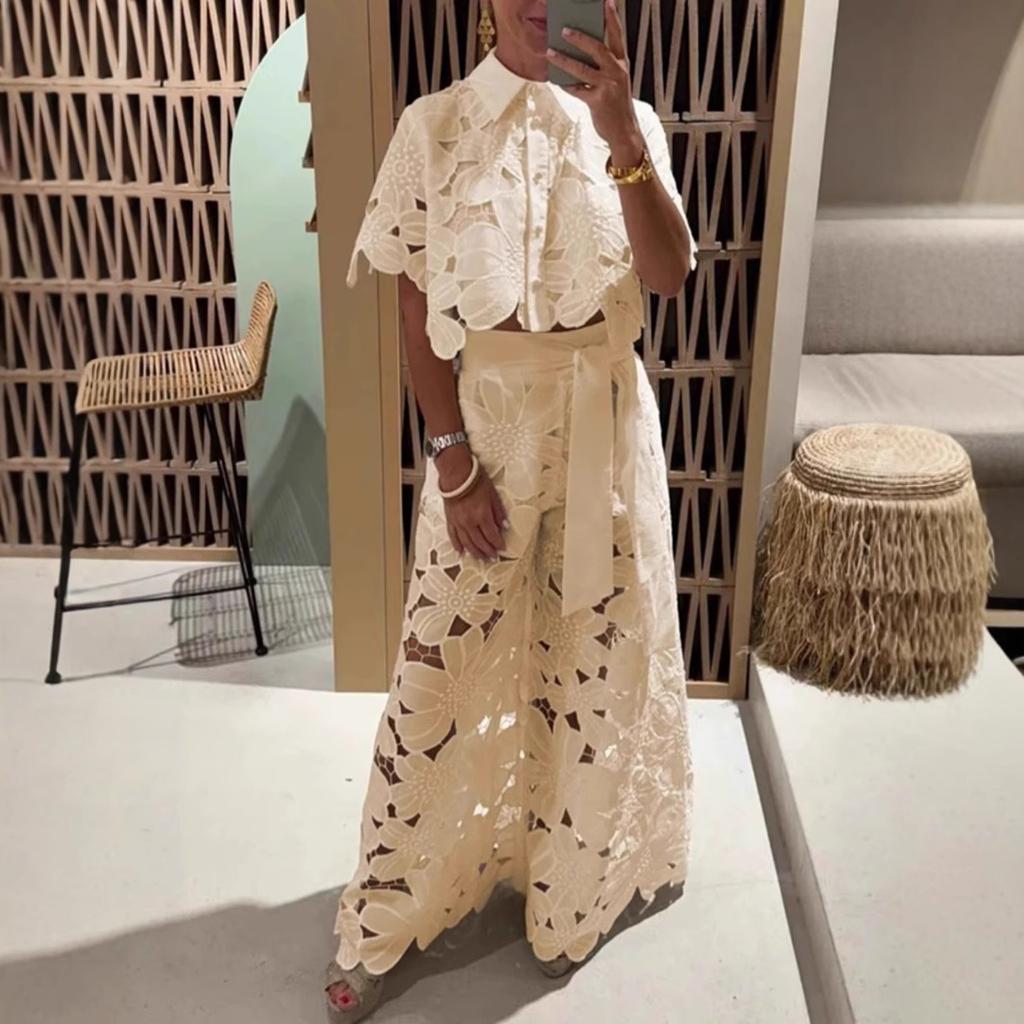 Women's Sets Casual Solid Color Hollow Lace Shirt Trousers Casual 2-piece Package