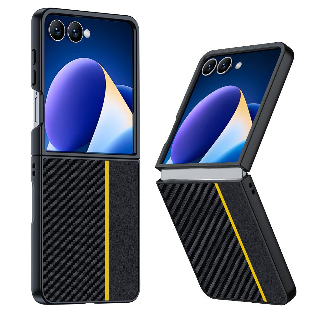 

For Samsung Galaxy Z Flip7 5G Case Carbon Fiber Texture Leather+PC Anti-Drop Folding Phone Cover Black/Yellow