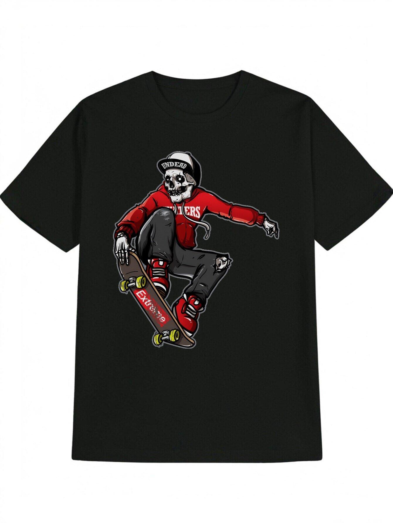 Casual Round Neck T-shirt with Skateboarding Skeleton Graphic - Black Polyester L